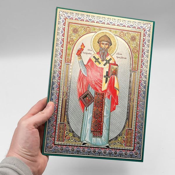Икона свт. Спиридона Тримифунтского печатная на дереве с золотым тиснением 297445975487 фото