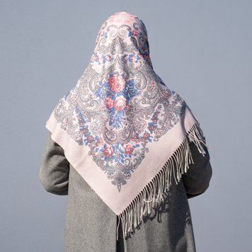 Платок с пионами 100х100см &mdash; молочного цвета с синим 3006 фото